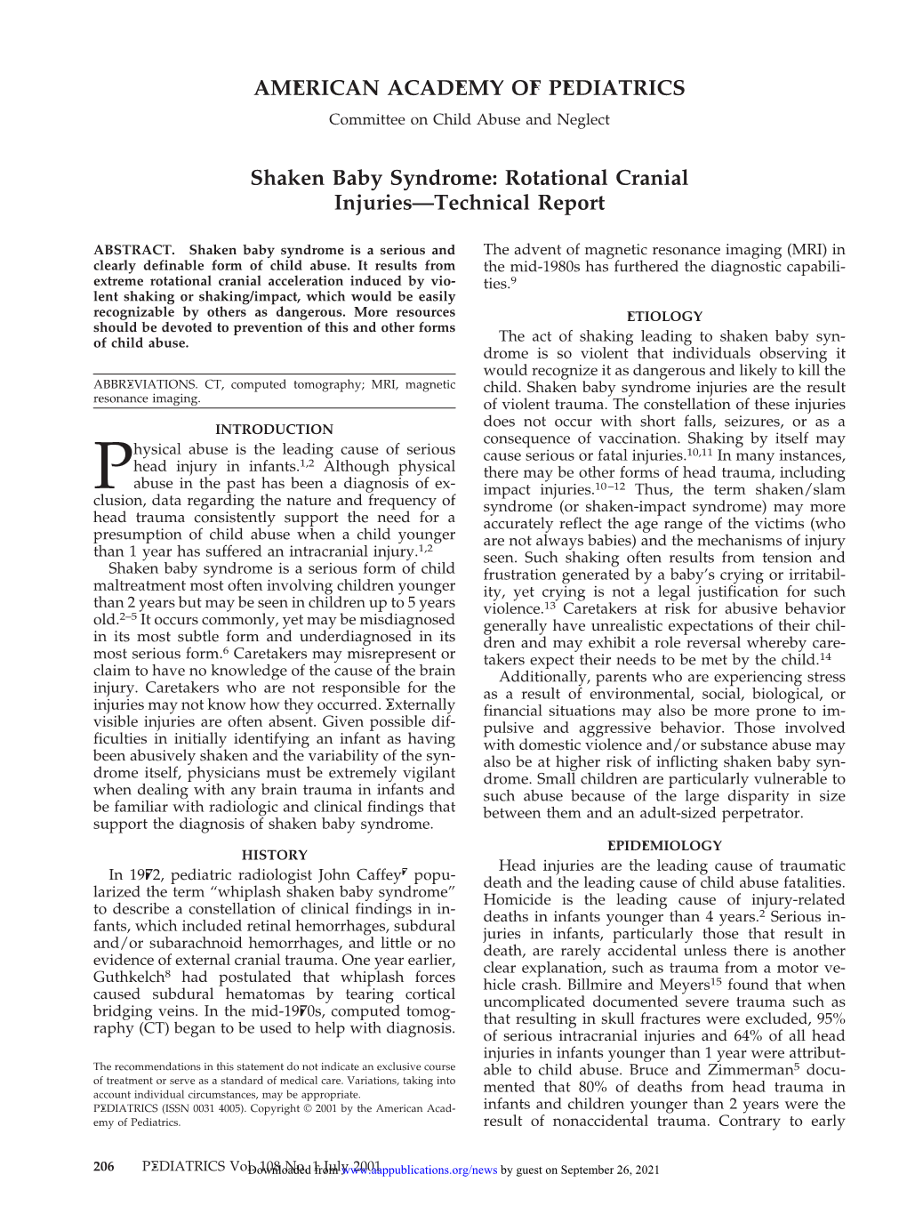 Shaken Baby Syndrome: Rotational Cranial Injuries—Technical Report