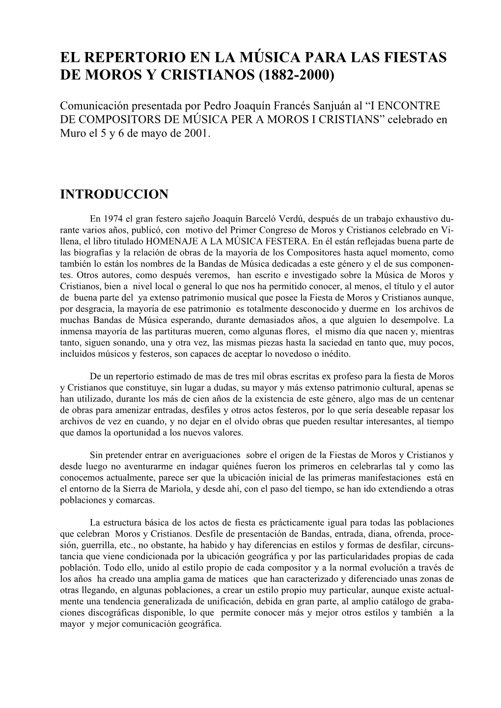 El Repertorio En La Música Para Las Fiestas De Moros Y Cristianos (1882-2000)