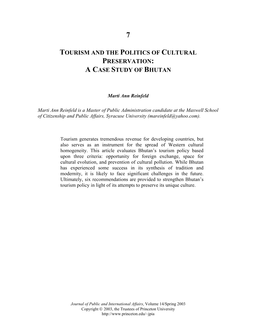 Tourism and the Politics of Cultural Preservation: a Case Study of Bhutan