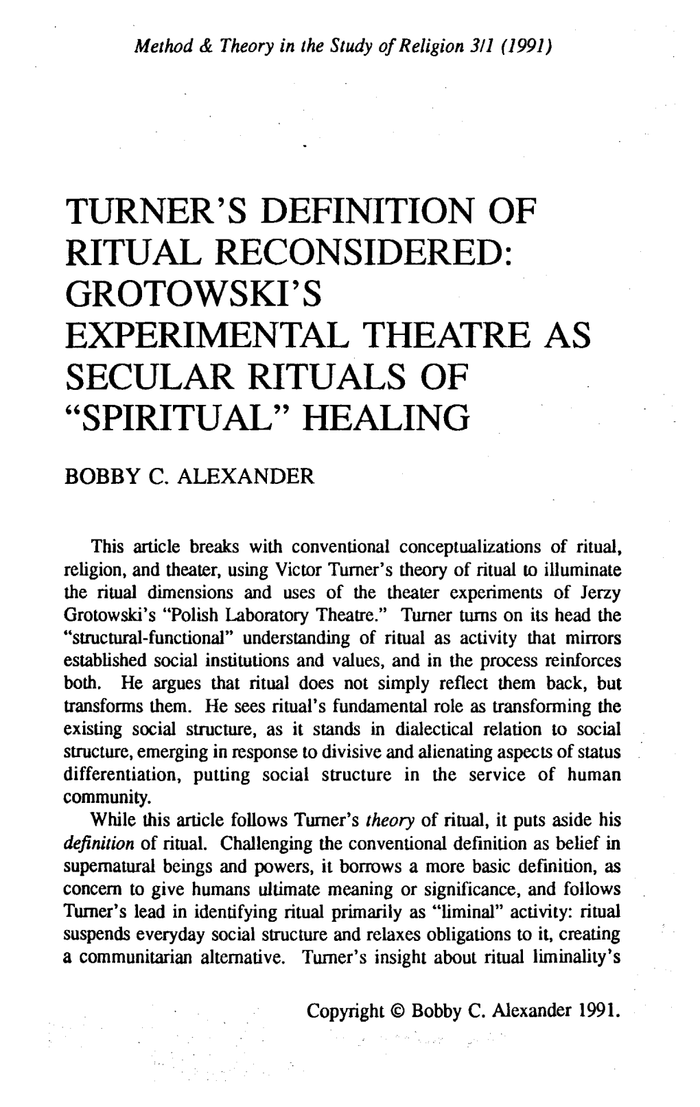 Turner's Definition of Ritual Reconsidered