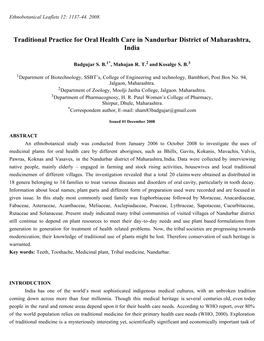 Traditional Practice for Oral Health Care in Nandurbar District of Maharashtra, India