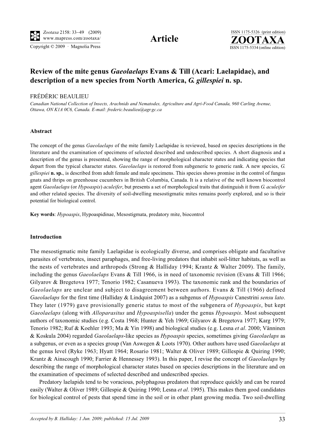 Zootaxa, Review of the Mite Genus Gaeolaelaps Evans & Till