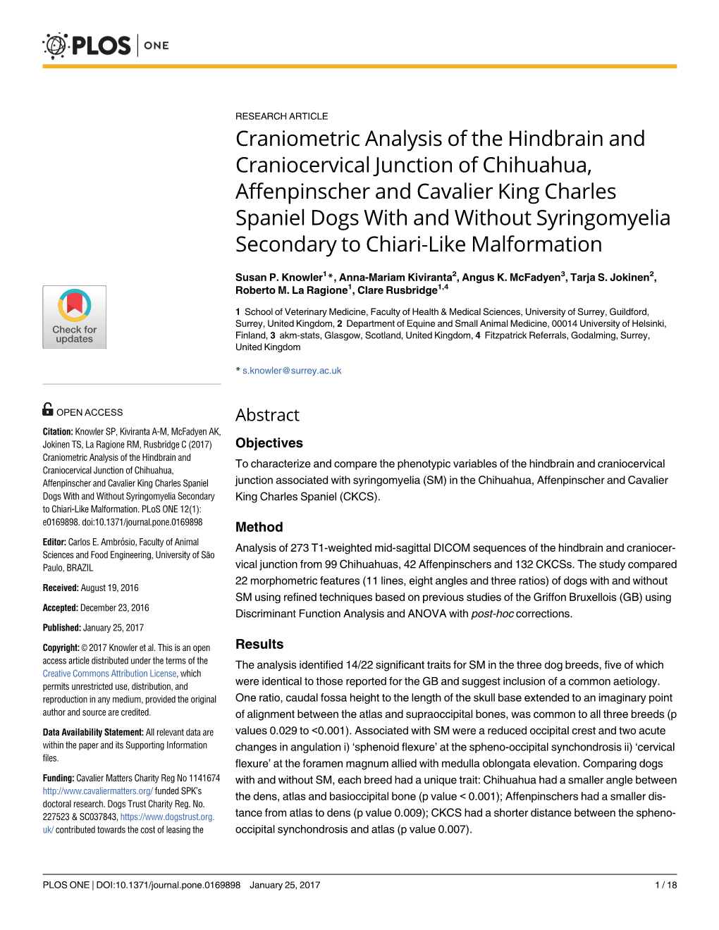 Craniometric Analysis of the Hindbrain and Craniocervical Junction Of