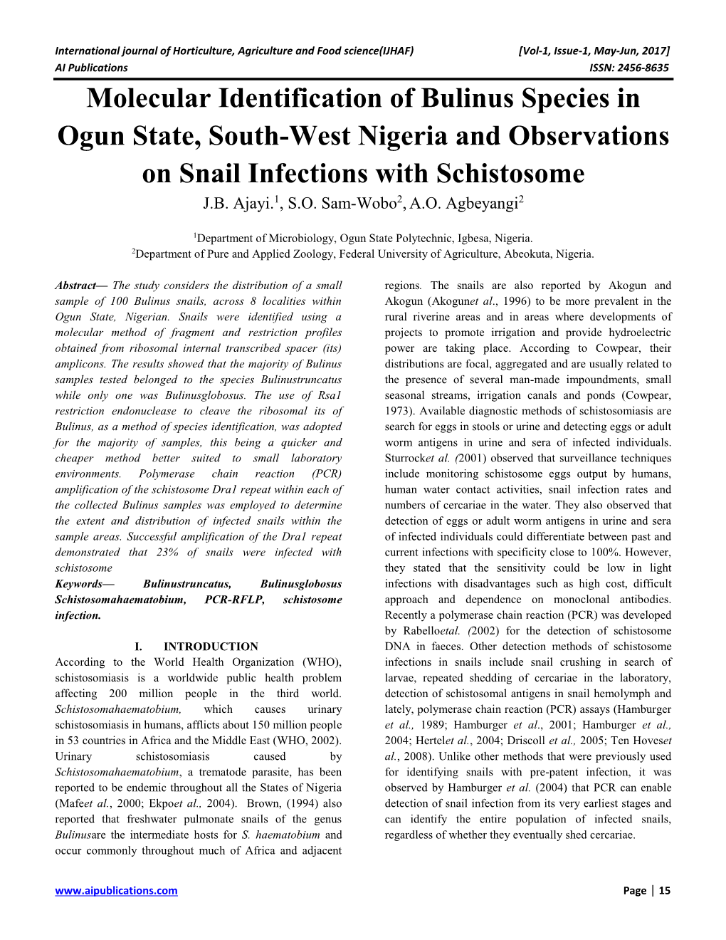 Molecular Identification of Bulinus Species in Ogun State, South-West Nigeria and Observations on Snail Infections with Schistosome J.B
