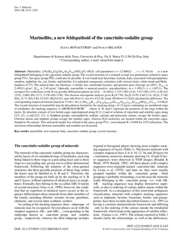 Marinellite, a New Feldspathoid of the Cancrinite-Sodalite Group