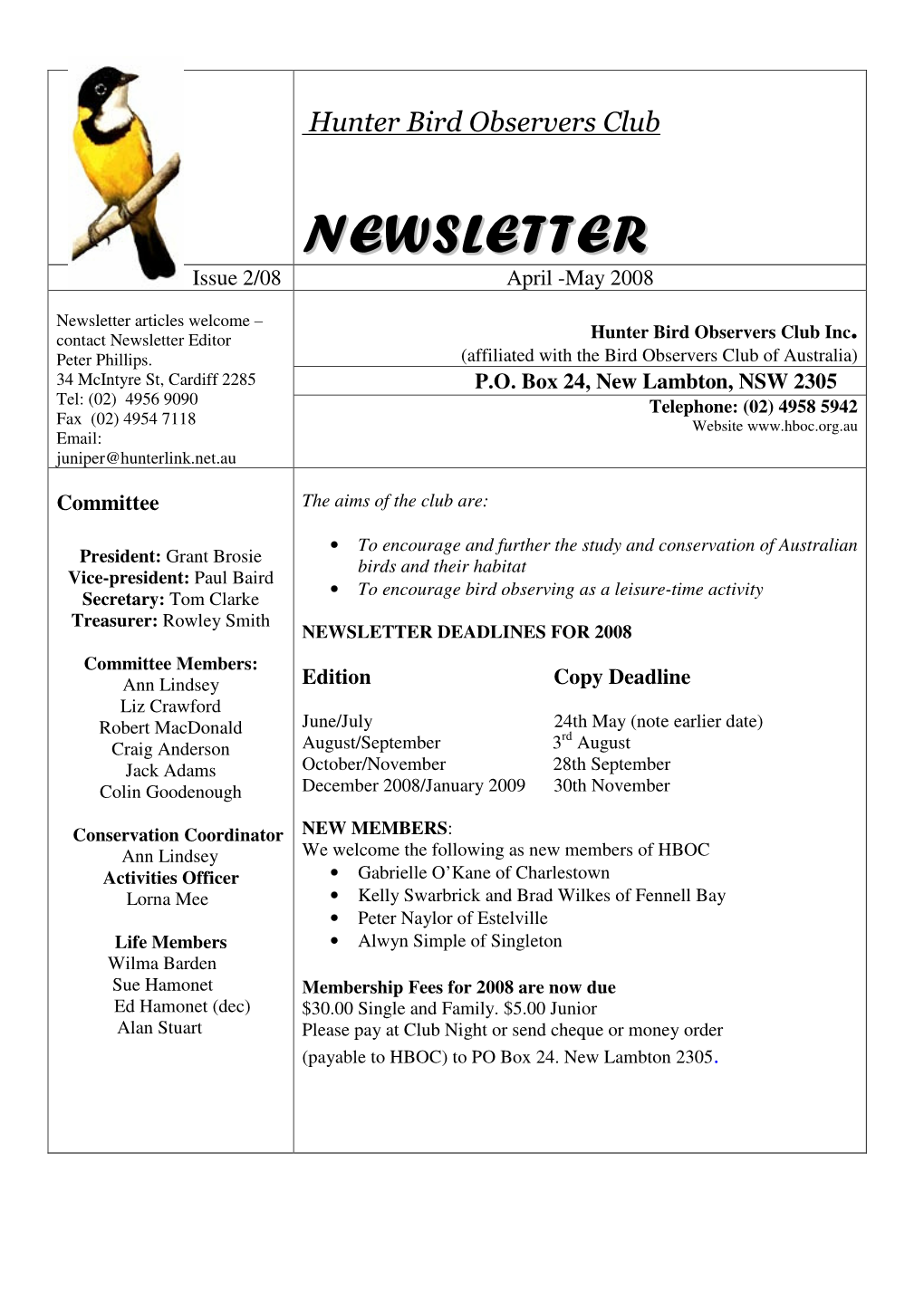 Newsletter Articles Welcome – Contact Newsletter Editor Hunter Bird Observers Club Inc