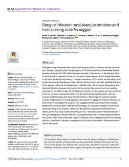 Dengue Infection Modulates Locomotion and Host Seeking in Aedes Aegypti