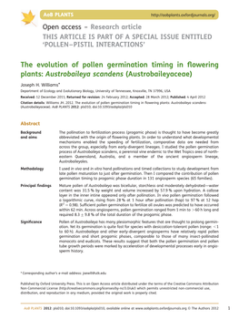 The Evolution of Pollen Germination Timing in ﬂowering Plants: Austrobaileya Scandens (Austrobaileyaceae)