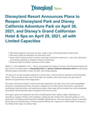 Disneyland Resort Announces Plans to Reopen Disneyland Park And