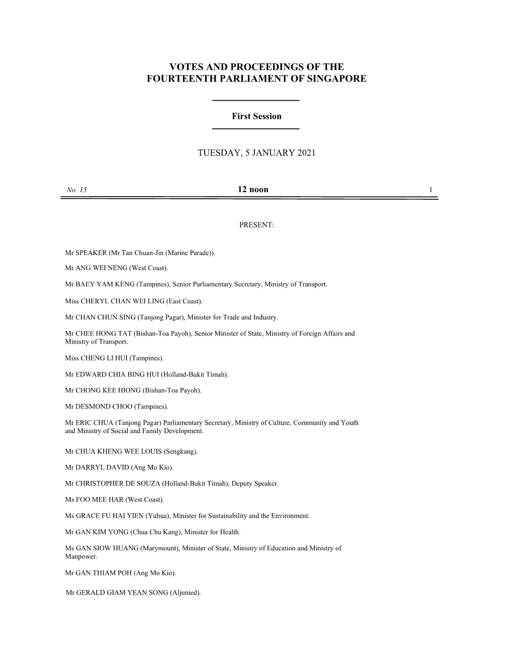 Votes and Proceedings of the Fourteenth Parliament of Singapore