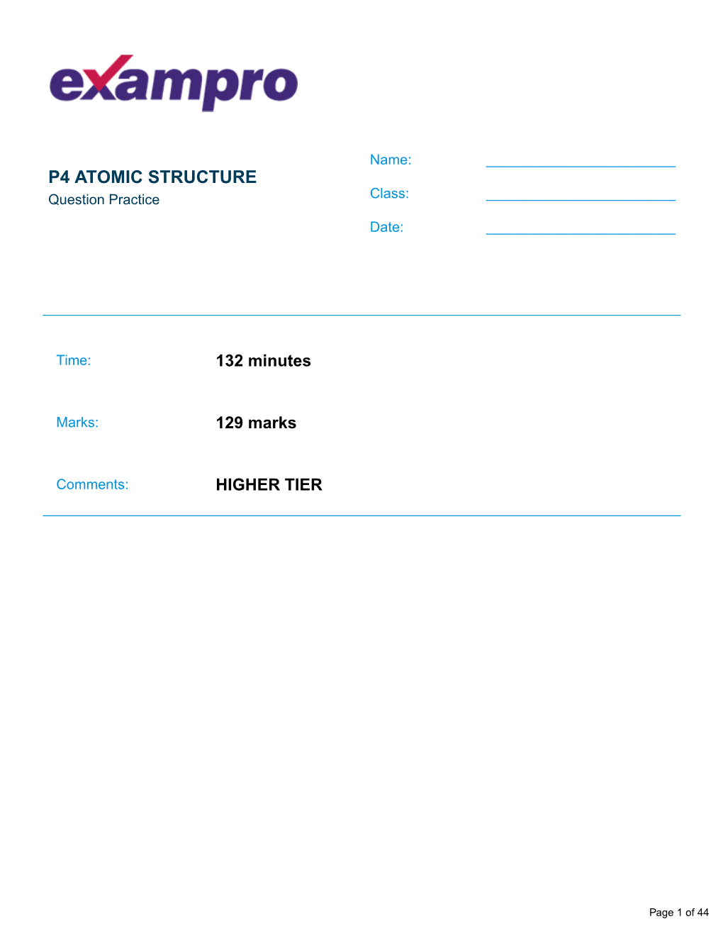 P4 ATOMIC STRUCTURE Question Practice Class: ______Date: ______