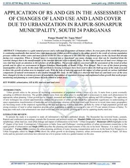 Application of Rs and Gis in the Assessment of Changes of Land Use and Land Cover Due to Urbanization in Rajpur-Sonarpur Municipality, South 24 Parganas