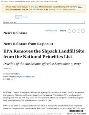 Epa Removes Shpack Landfill Site from National