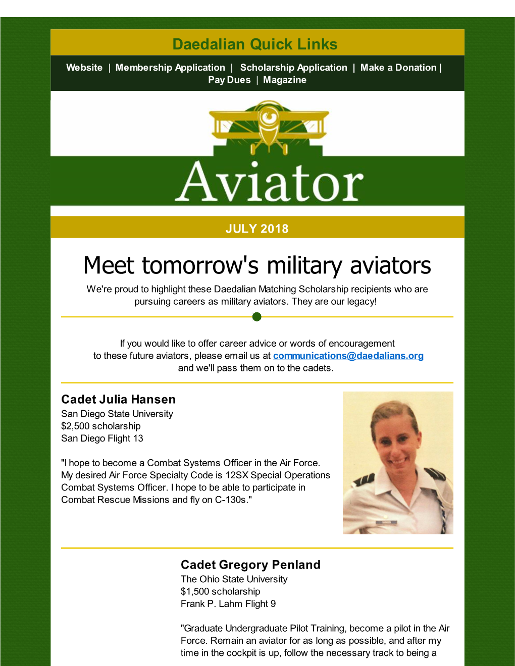 Meet Tomorrow's Military Aviators We're Proud to Highlight These Daedalian Matching Scholarship Recipients Who Are Pursuing Careers As Military Aviators