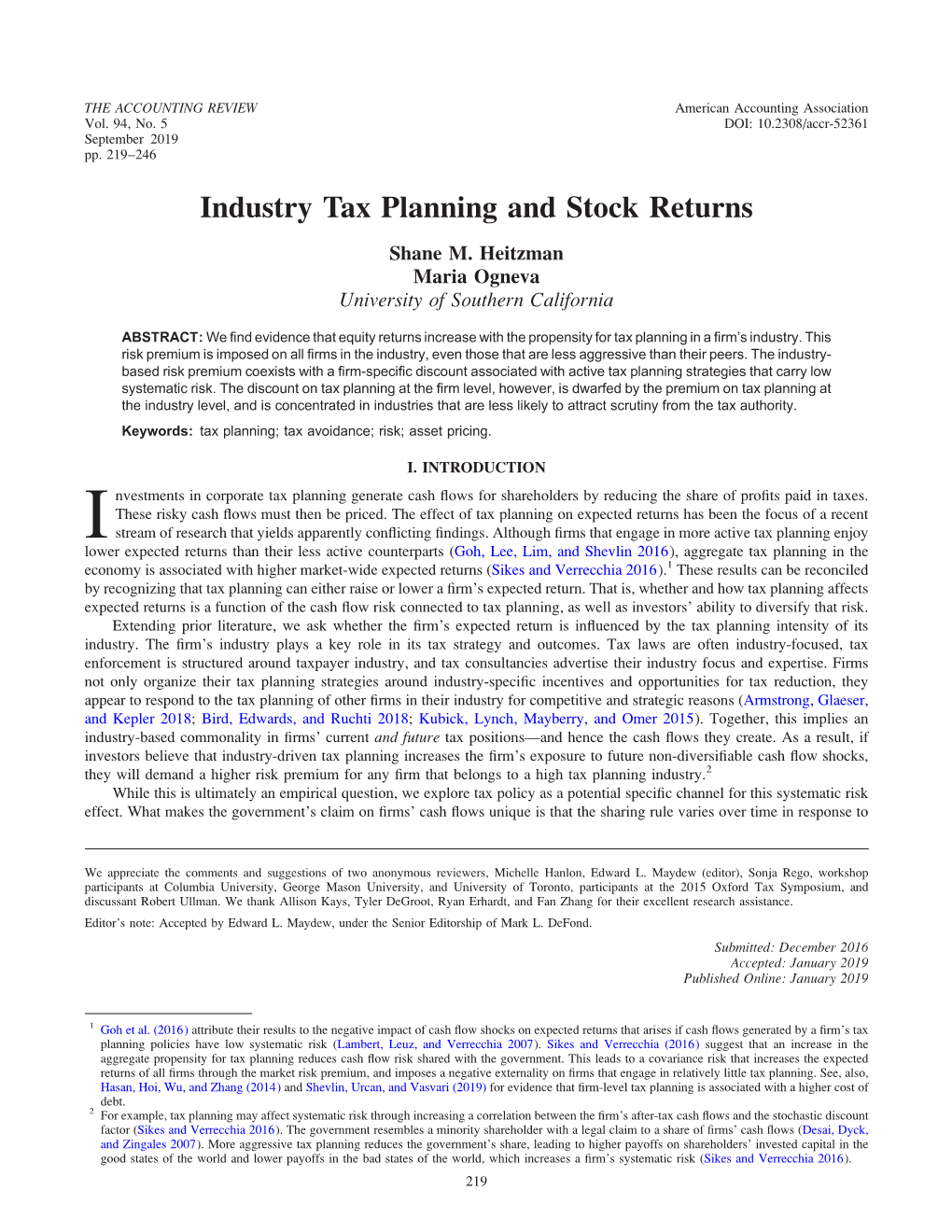 Industry Tax Planning and Stock Returns