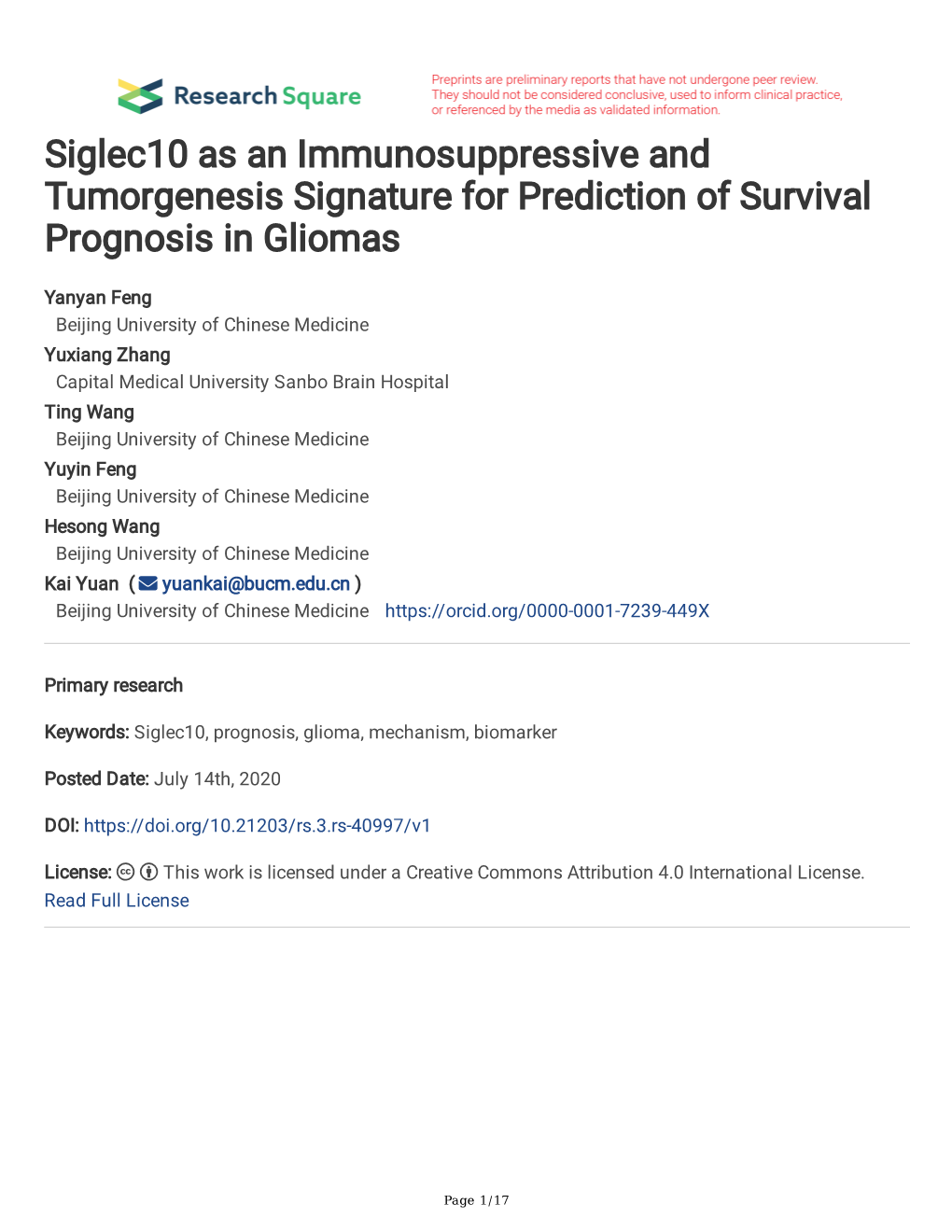 Siglec10 As an Immunosuppressive and Tumorgenesis Signature for Prediction of Survival Prognosis in Gliomas