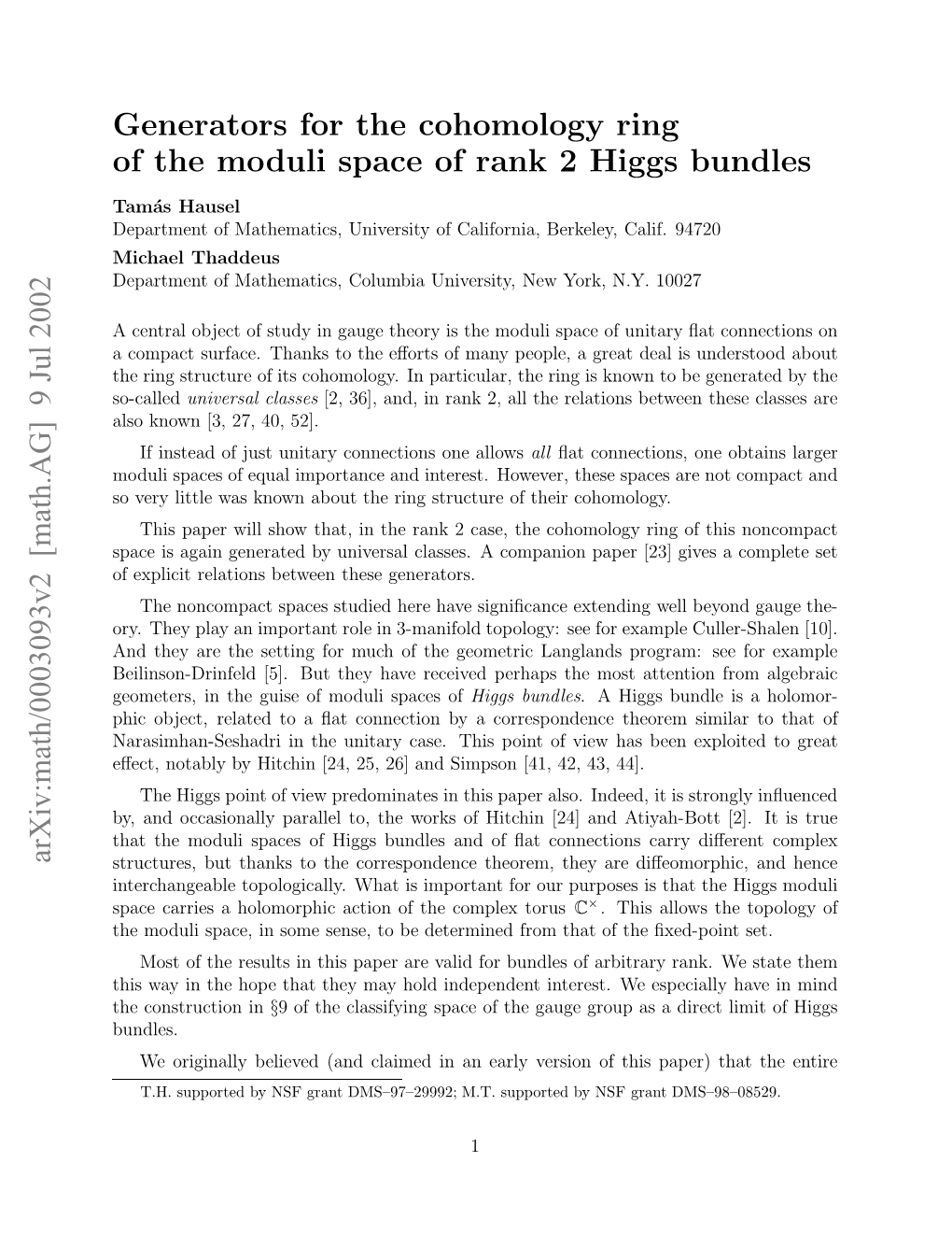 Generators for the Cohomology Ring of the Moduli Space of Rank 2 Higgs