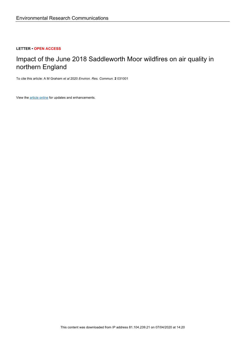 Impact of the June 2018 Saddleworth Moor Wildfires on Air Quality in Northern England