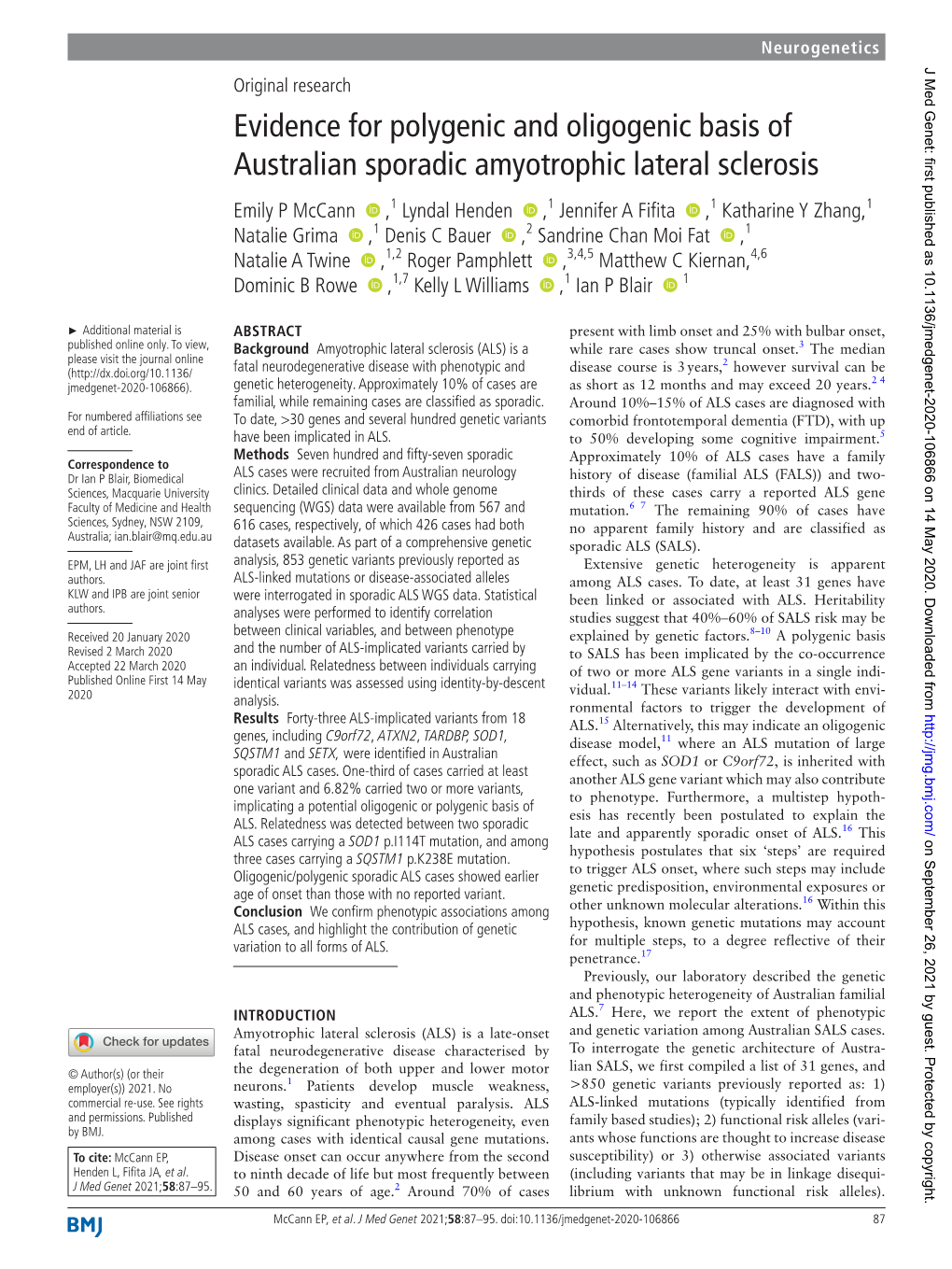 Evidence for Polygenic and Oligogenic Basis of Australian Sporadic