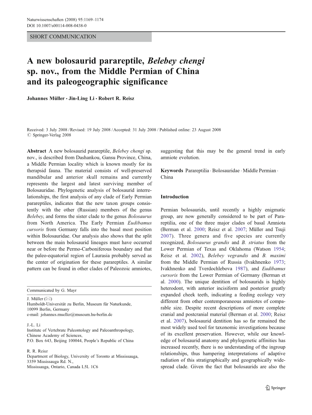 A New Bolosaurid Parareptile, Belebey Chengi Sp. Nov., from the Middle Permian of China and Its Paleogeographic Significance