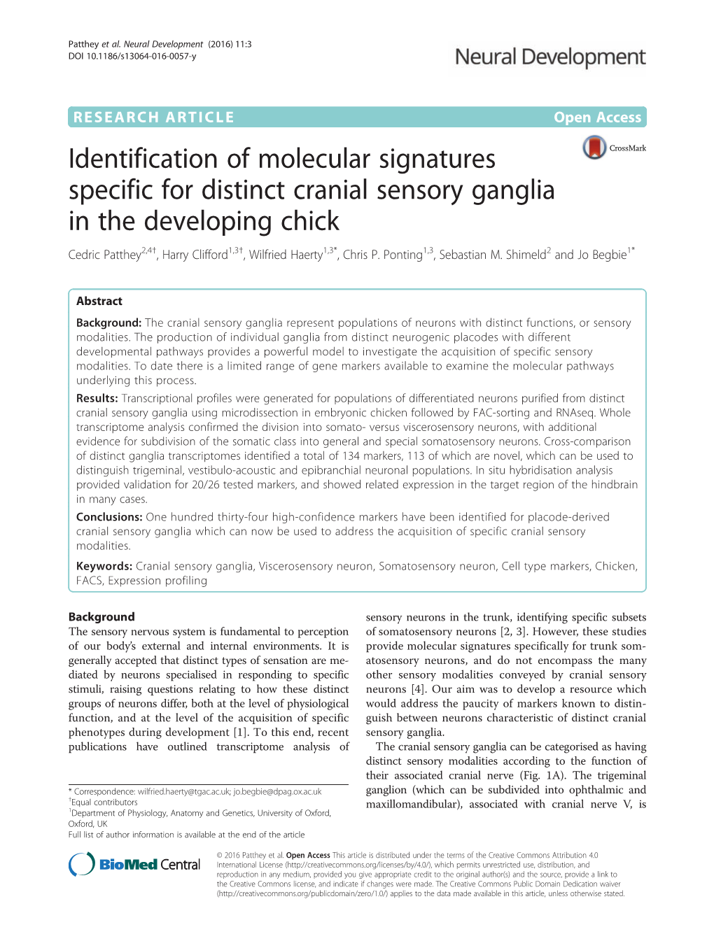 Identification of Molecular Signatures Specific for Distinct Cranial Sensory