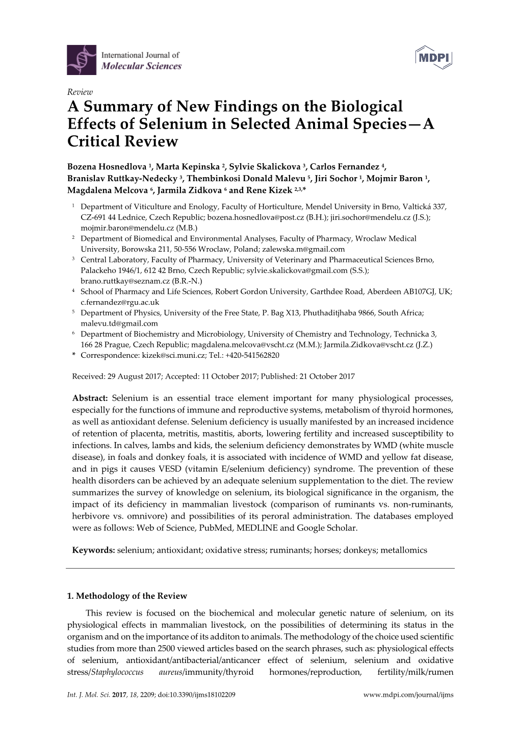 A Summary of New Findings on the Biological Effects of Selenium in Selected Animal Species—A Critical Review