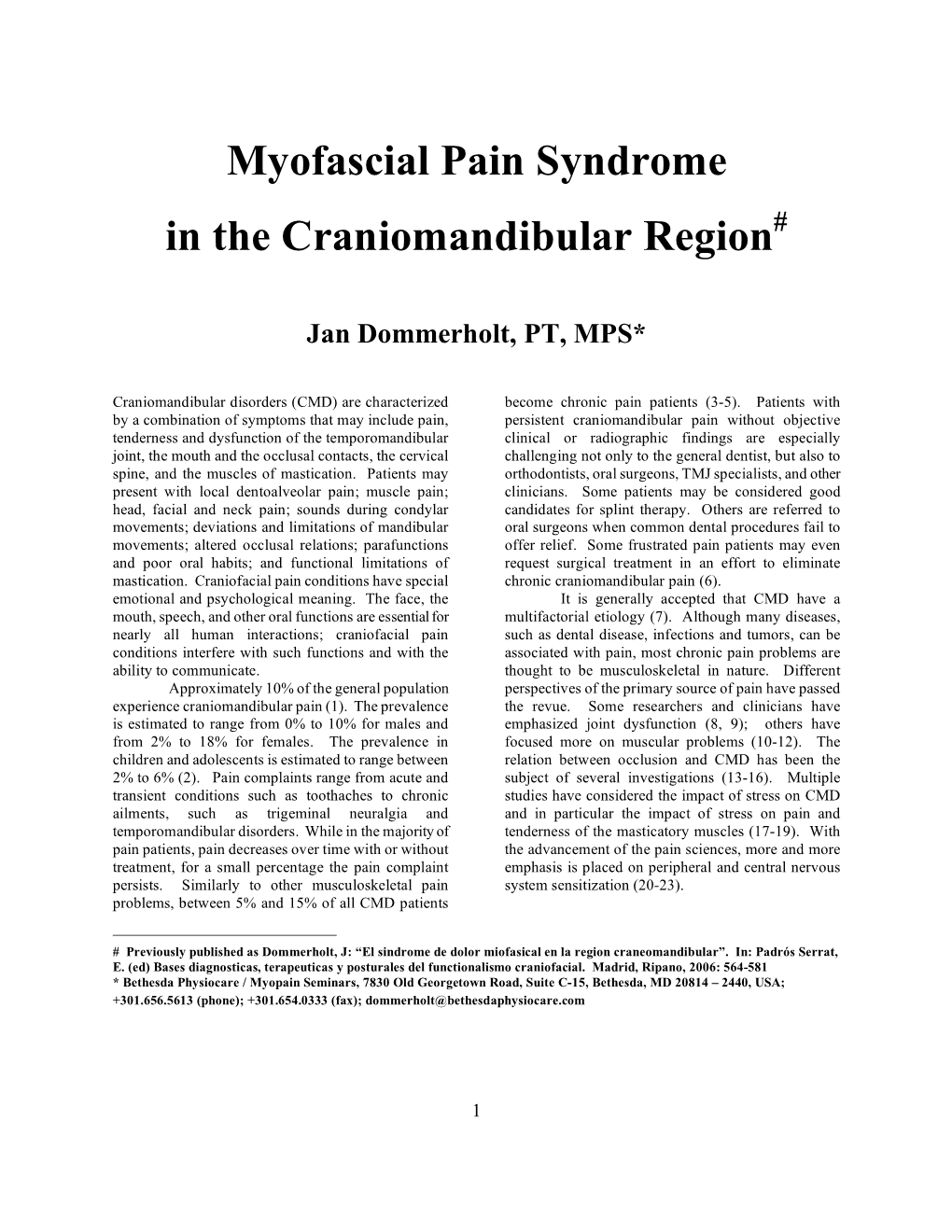 Myofascial Pain Syndrome in the Craniomandibular Region