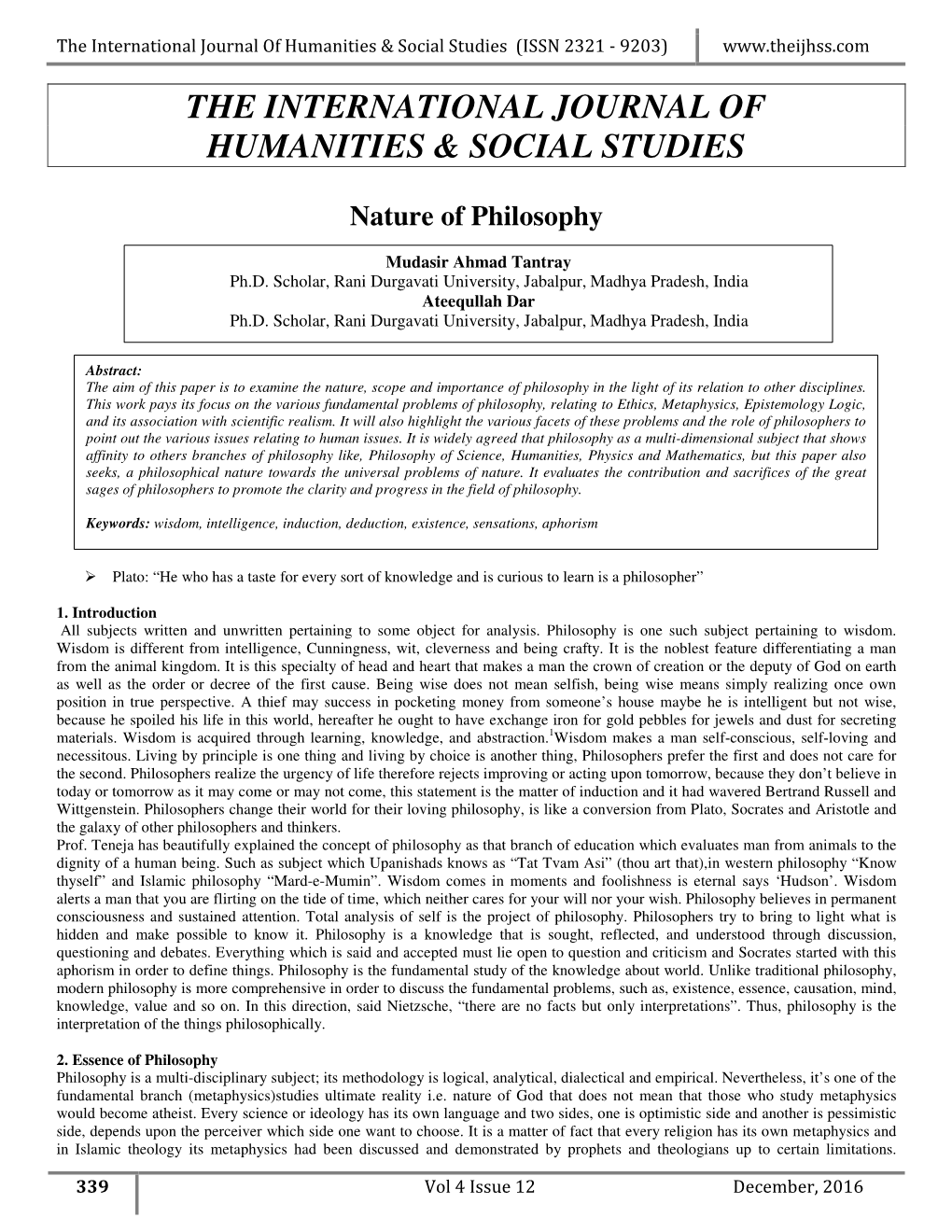 The International Journal of Humanities & Social Studies