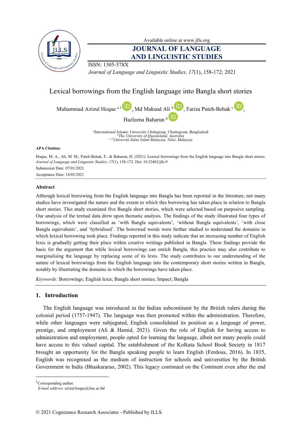 Lexical Borrowings from the English Language Into Bangla Short Stories. Journal of Language and Linguistic Studies, 17(1), 158-172