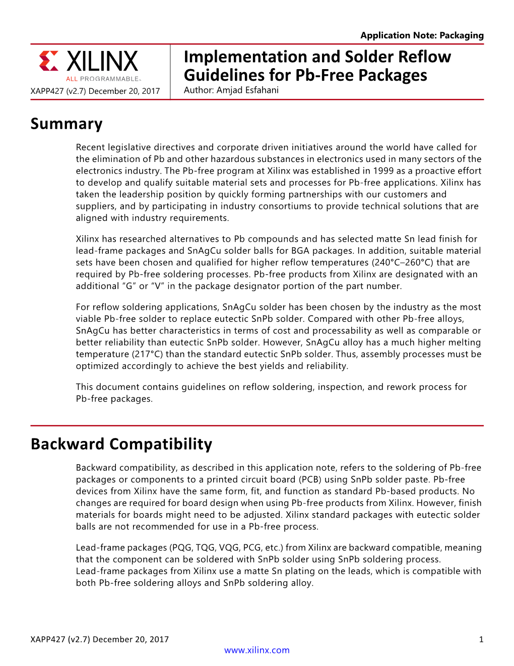 Implementation and Solder Reflow Guidelines for Pb-Free Packages XAPP427 (V2.7) December 20, 2017 Author: Amjad Esfahani