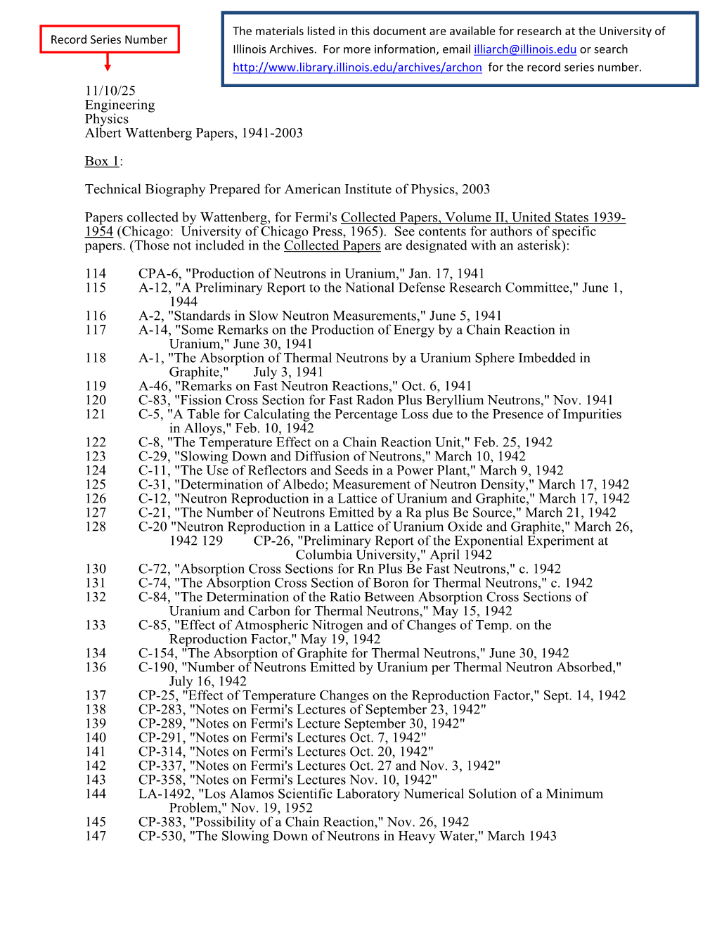 11/10/25 Engineering Physics Albert Wattenberg Papers, 1941-2003 Box 1