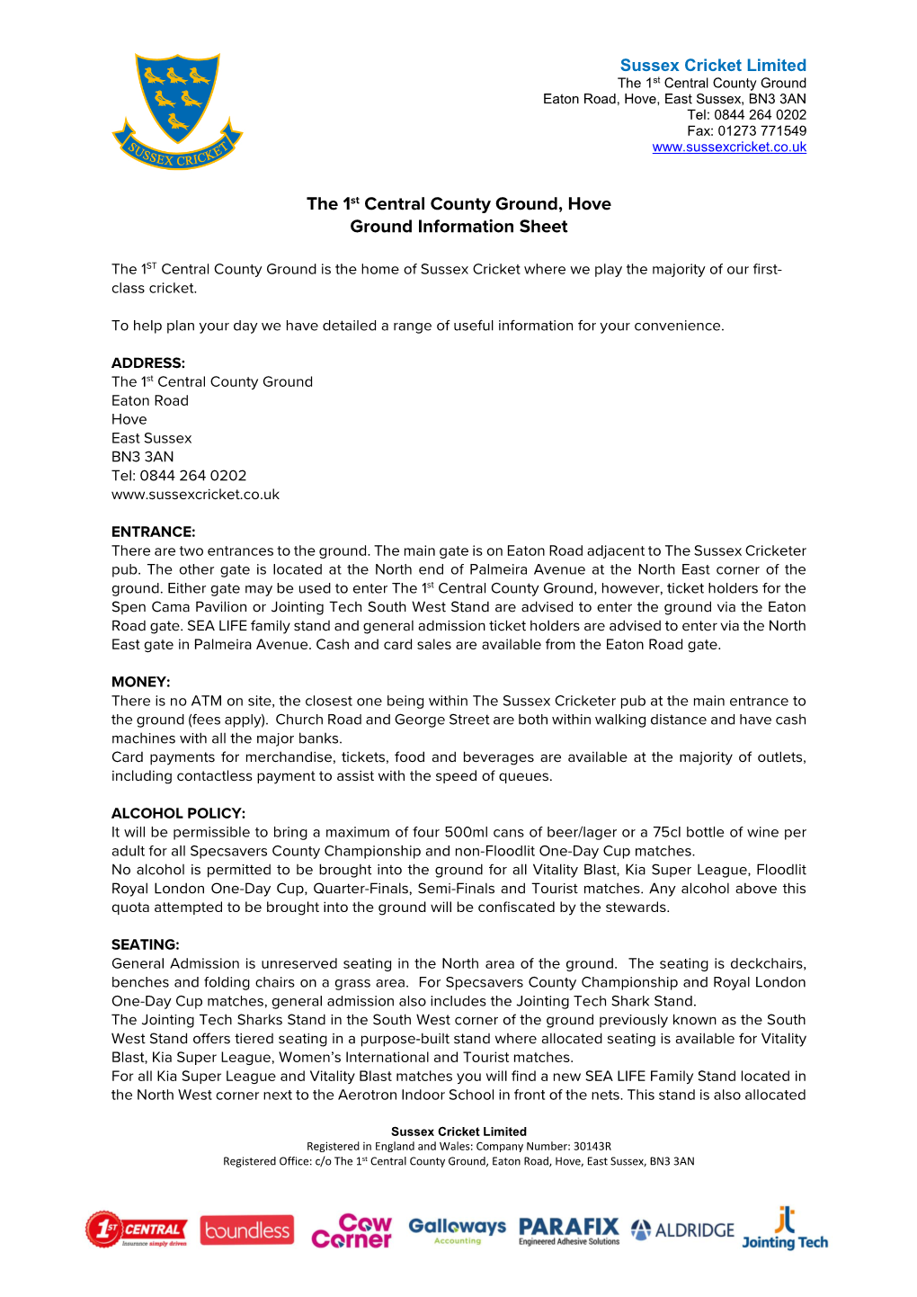 The 1St Central County Ground, Hove Ground Information Sheet