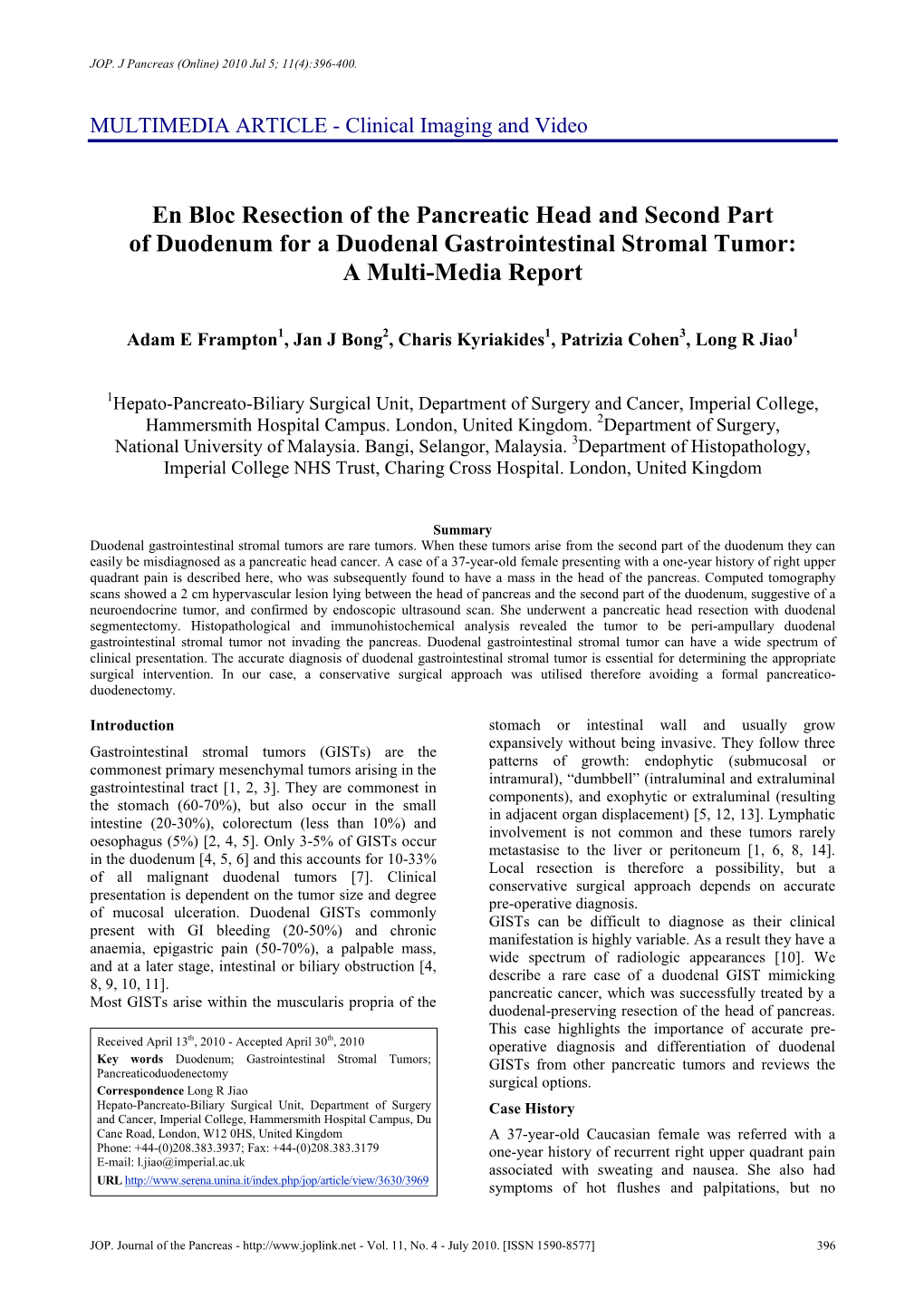 En Bloc Resection of the Pancreatic Head and Second Part of Duodenum for a Duodenal Gastrointestinal Stromal Tumor: a Multi-Media Report