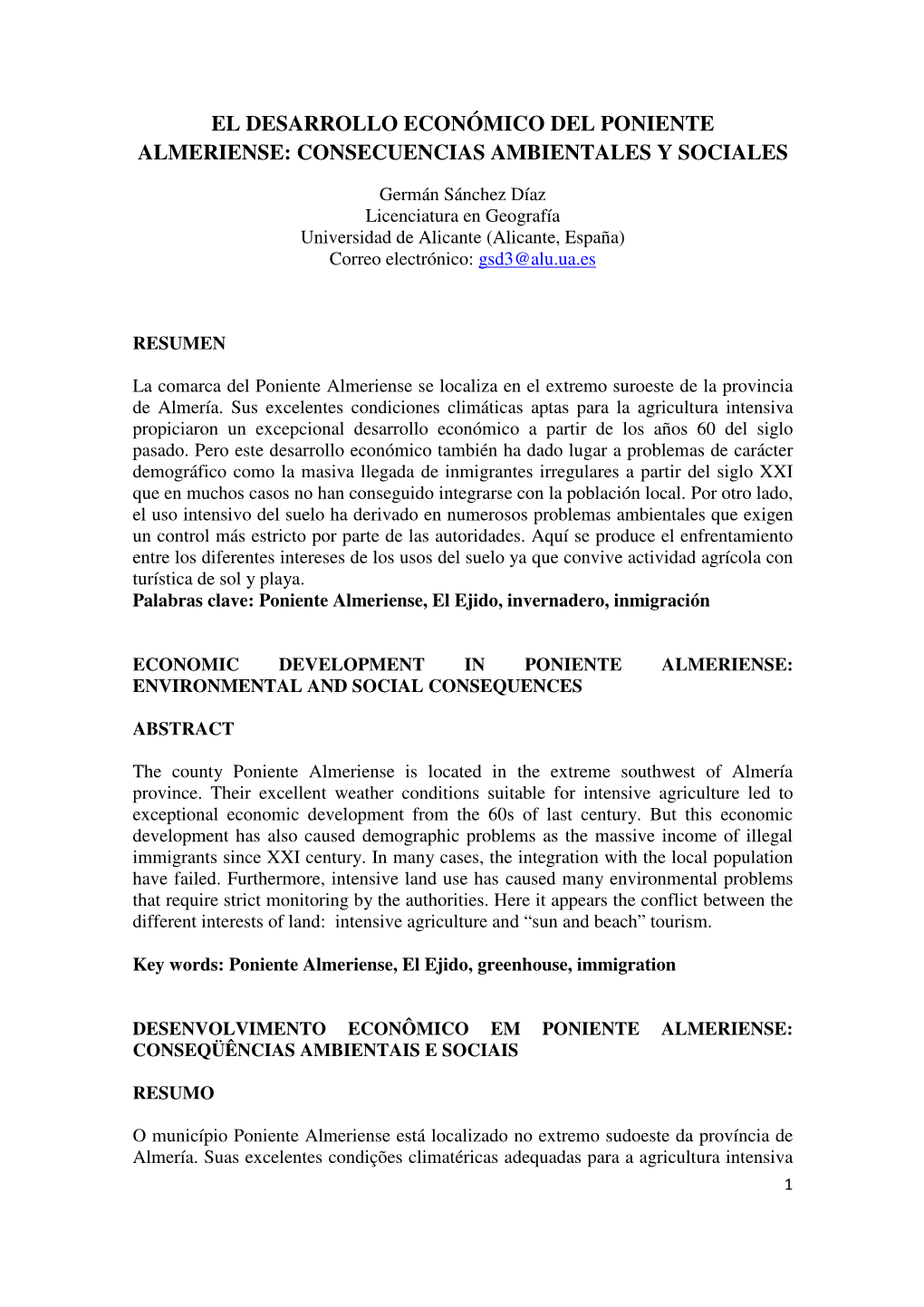 El Desarrollo Económico Del Poniente Almeriense: Consecuencias Ambientales Y Sociales