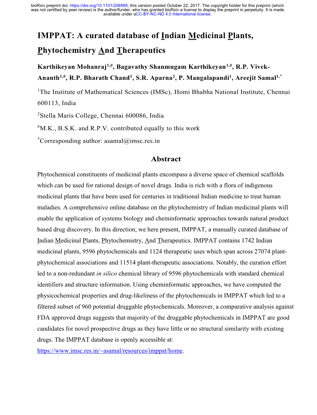 A Curated Database of Indian Medicinal Plants, Phytochemistry and Therapeutics