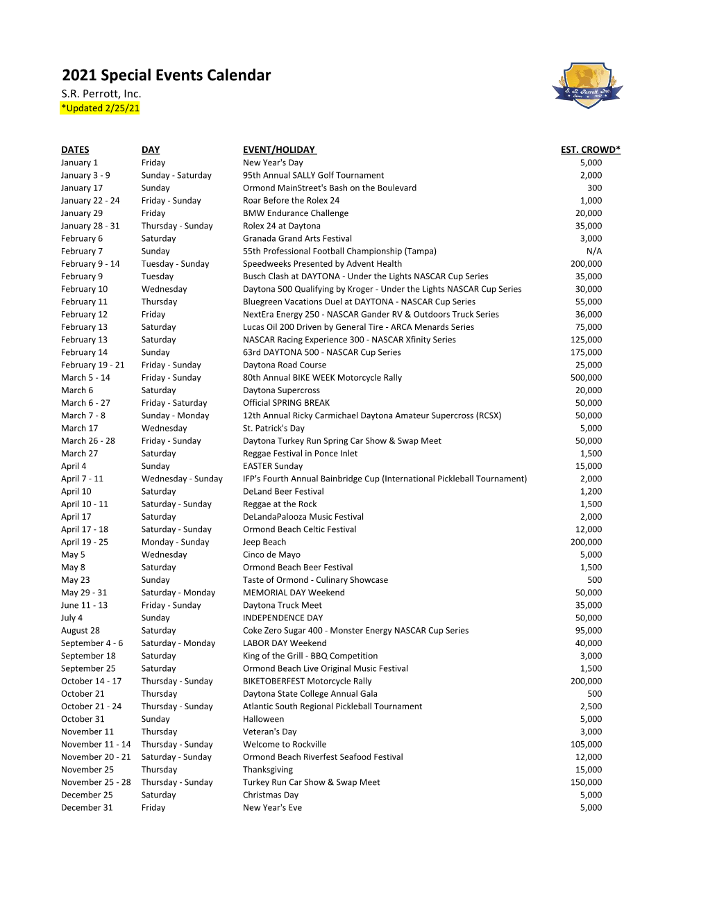 2021 Special Events Calendar S.R