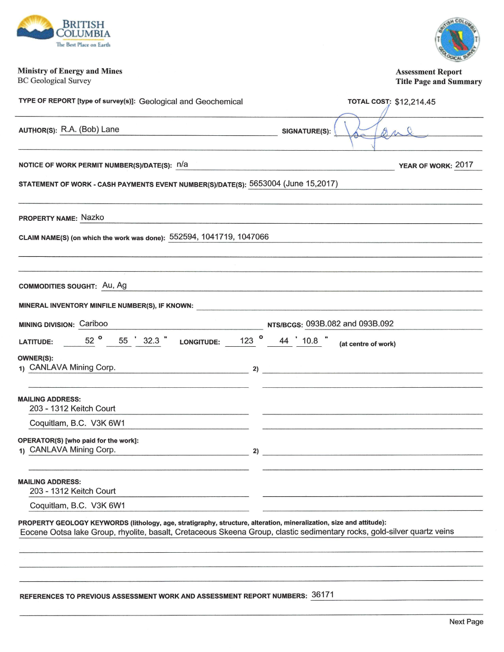 Ministry of Energy and Mines BC Geological Survey Assessment