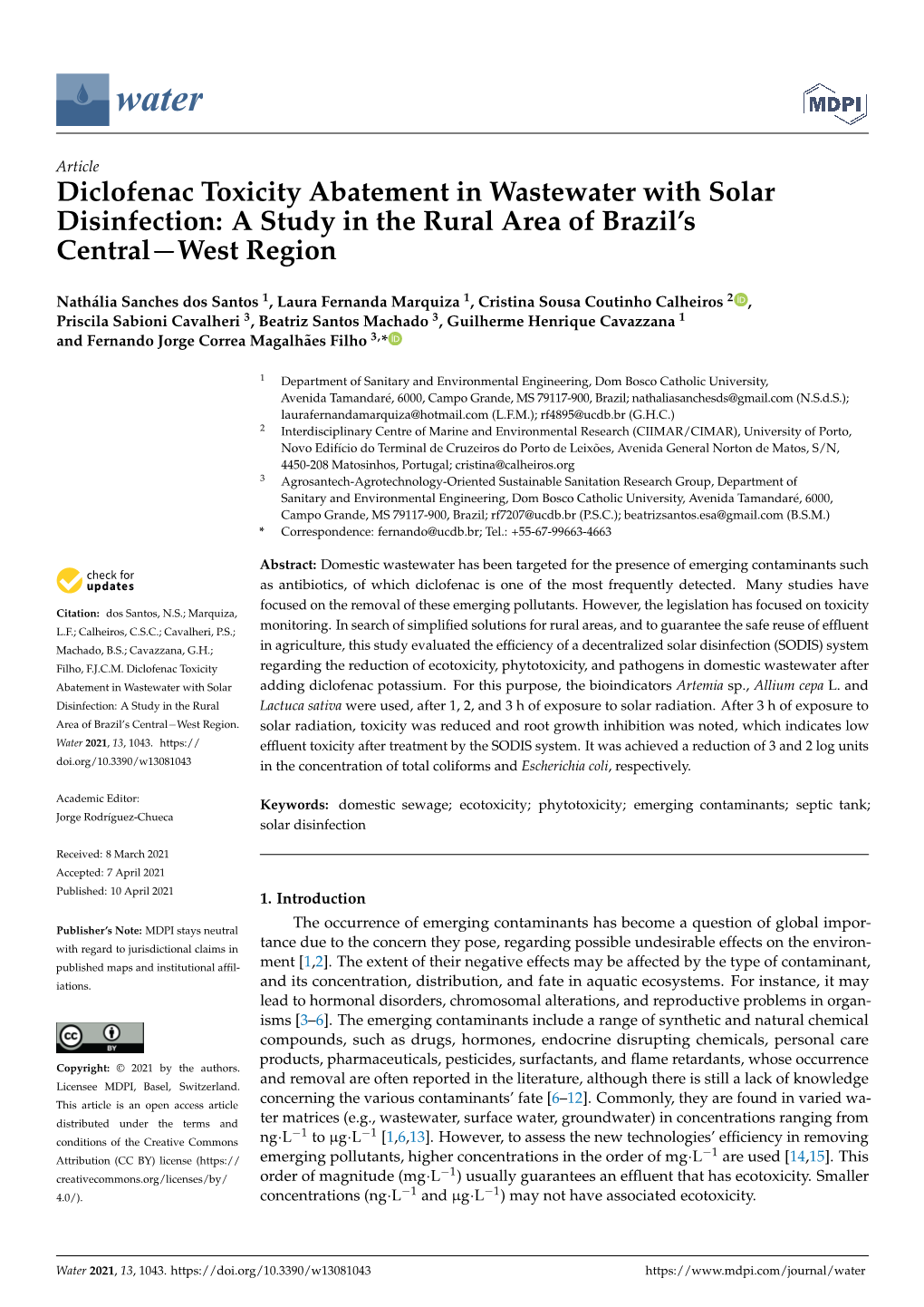 Diclofenac Toxicity Abatement in Wastewater with Solar Disinfection: a Study in the Rural Area of Brazil’S Central−West Region