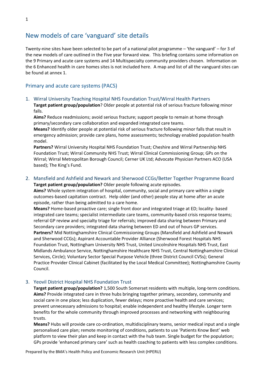 New Models of Care Vanguard Site Details