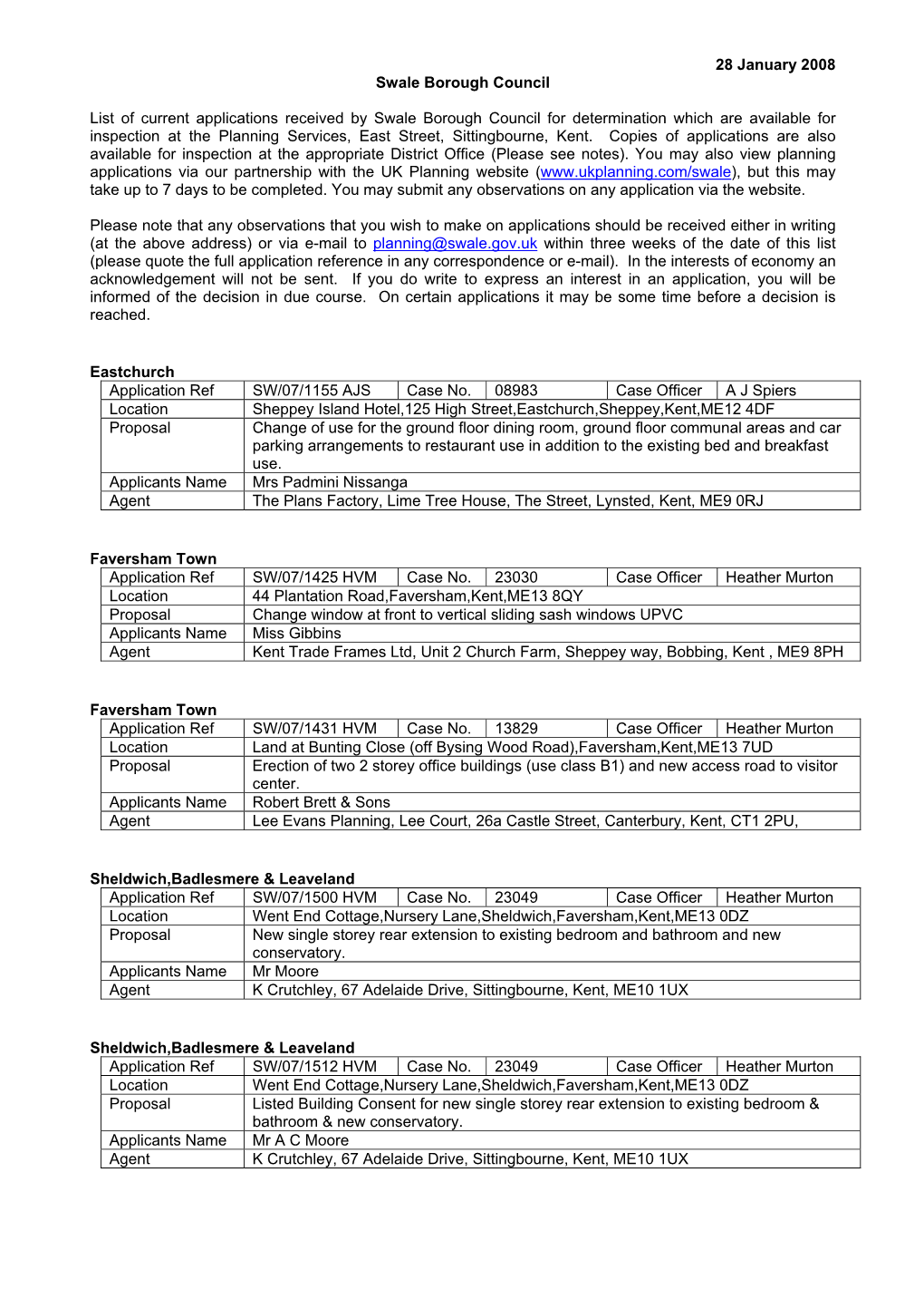 28 January 2008 Swale Borough Council List of Current Applications