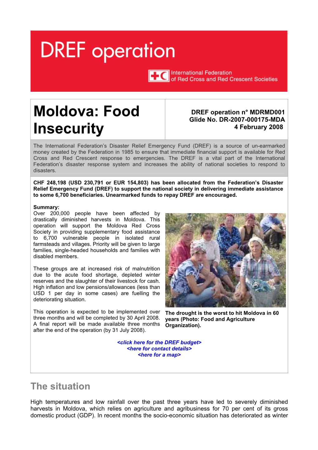 Moldova: Food DREF Operation N° MDRMD001 Glide No