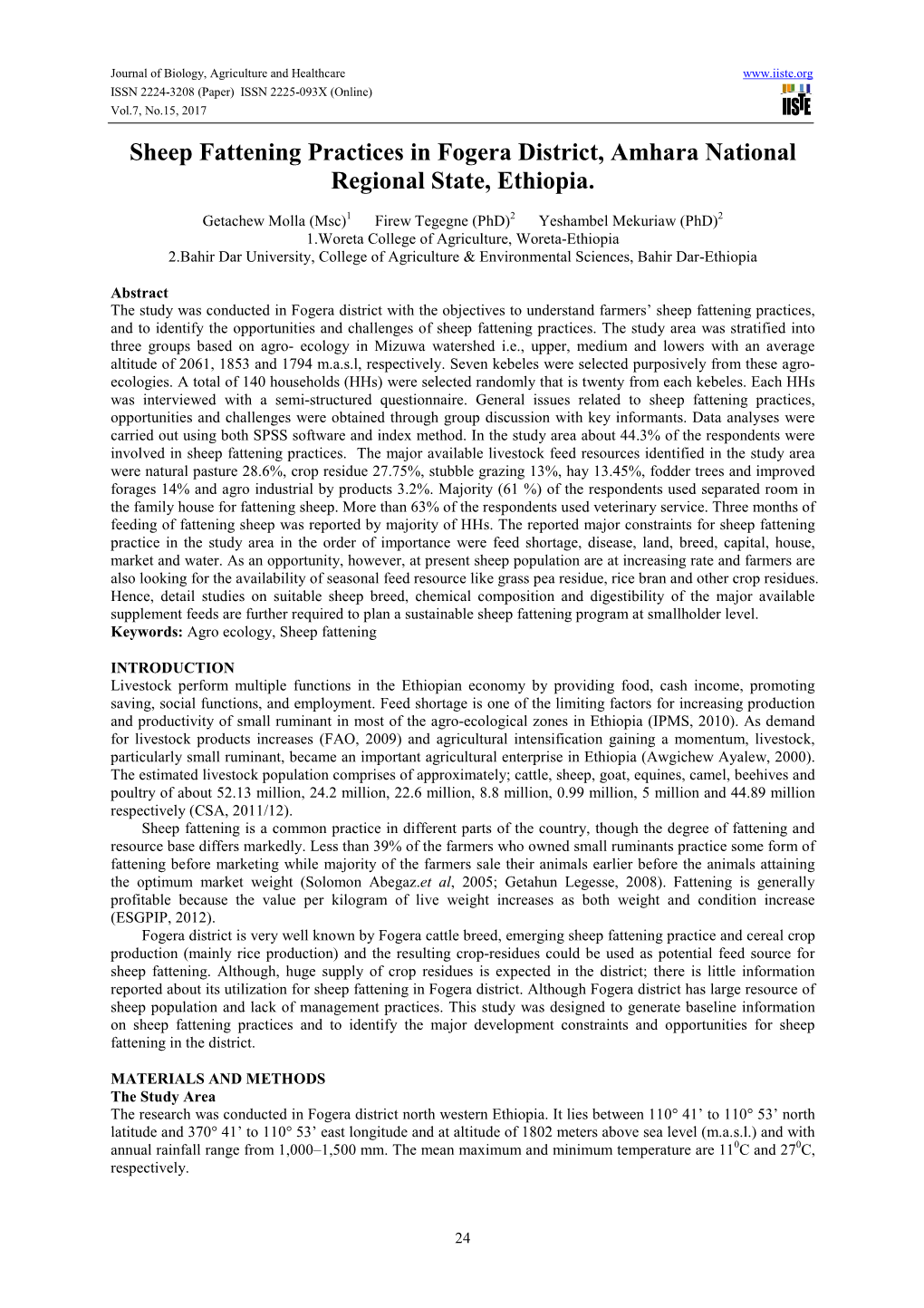 Sheep Fattening Practices in Fogera District, Amhara National Regional State, Ethiopia