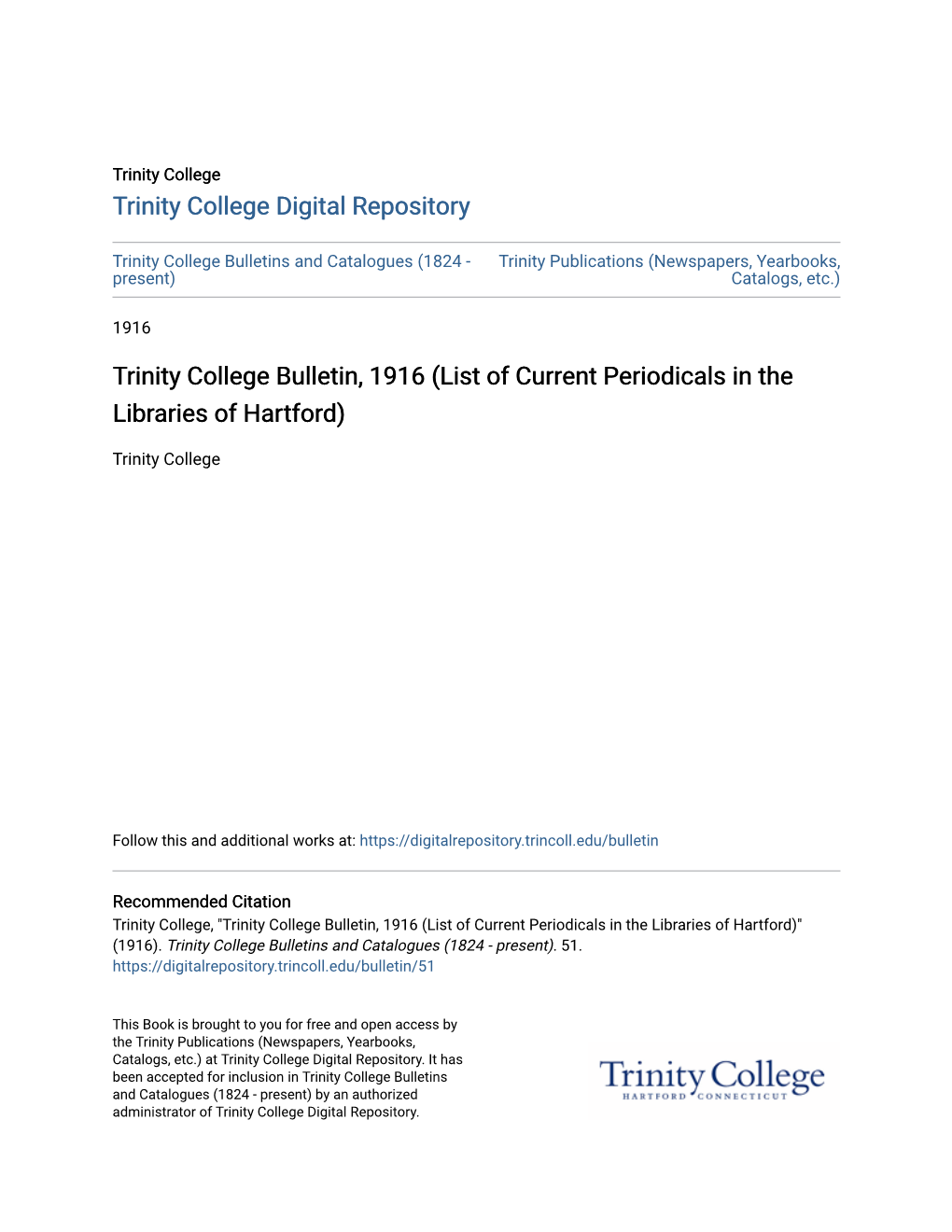 Trinity College Bulletin, 1916 (List of Current Periodicals in the Libraries of Hartford)