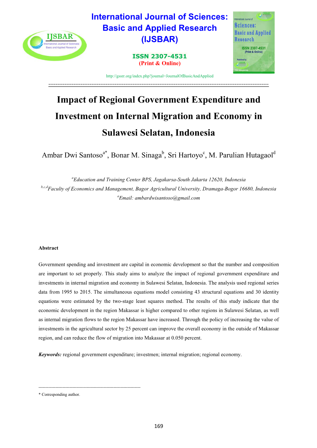 Impact of Regional Government Expenditure and Investment on Internal Migration and Economy in Sulawesi Selatan, Indonesia