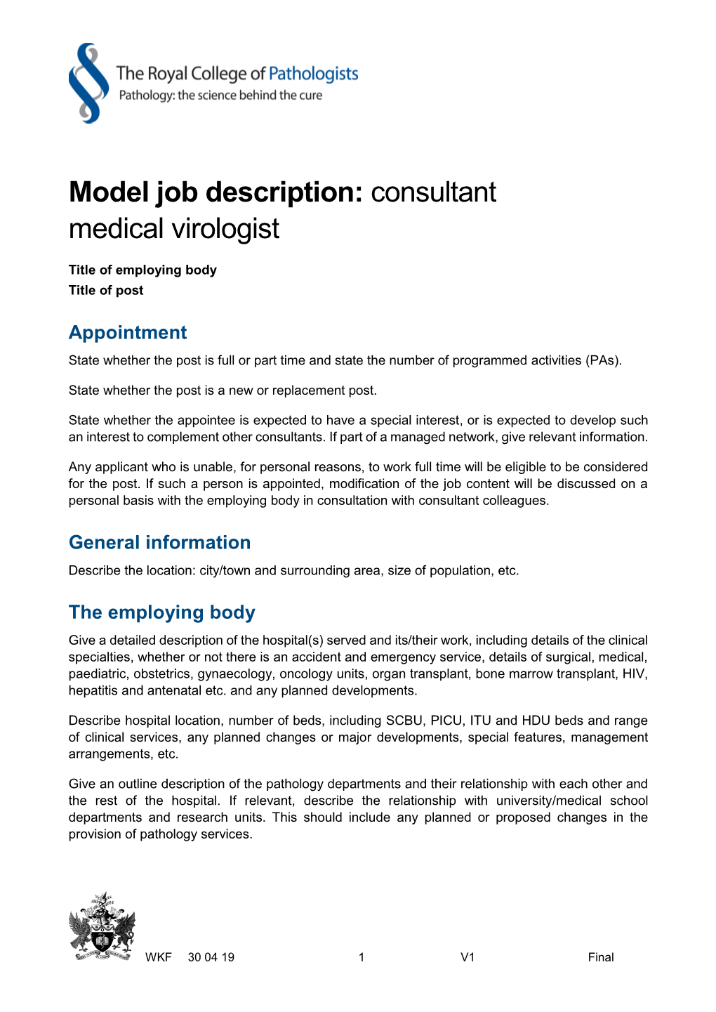 Model Job Description: Consultant Medical Virologist