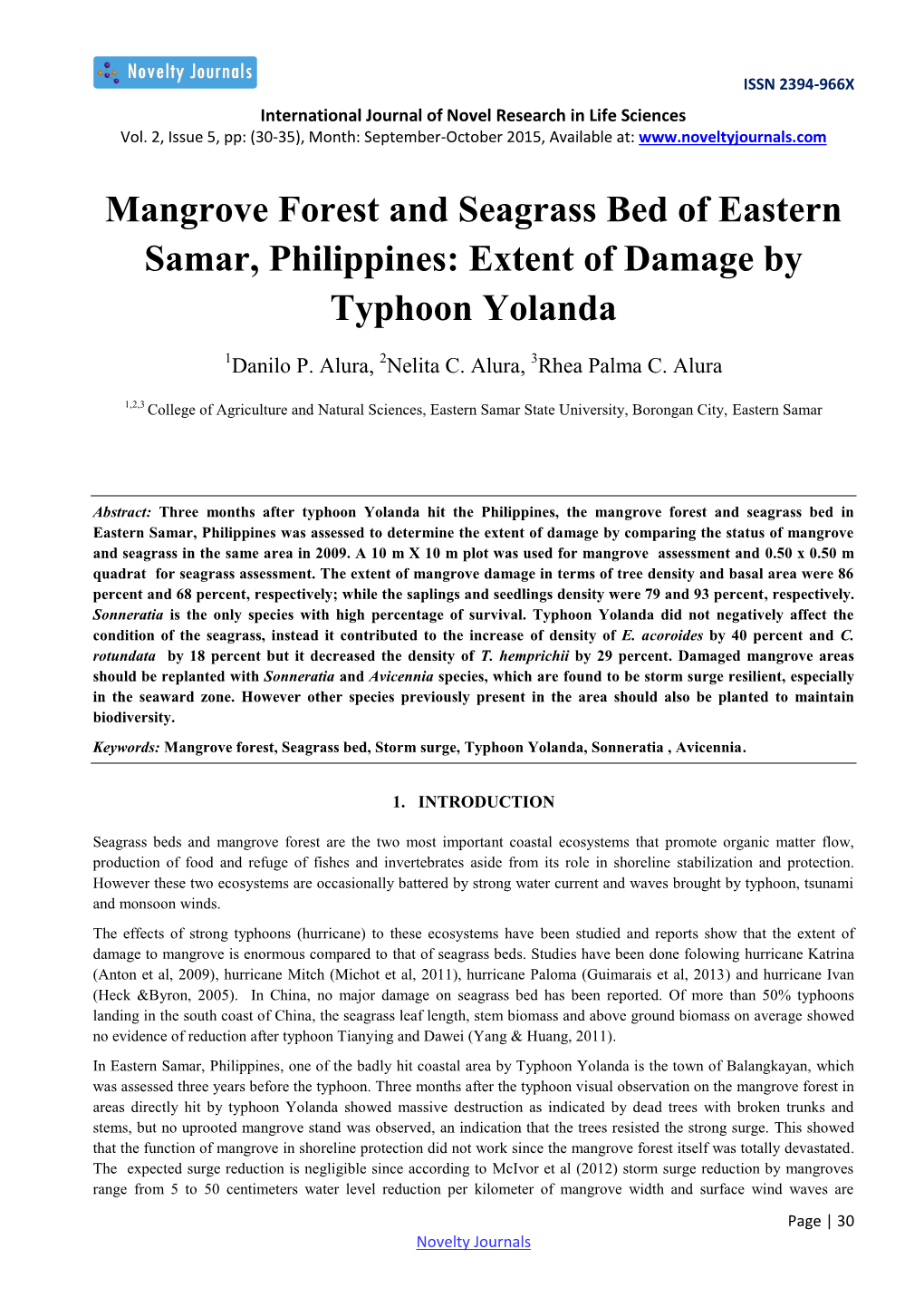Mangrove Forest and Seagrass Bed of Eastern Samar, Philippines: Extent of Damage by Typhoon Yolanda