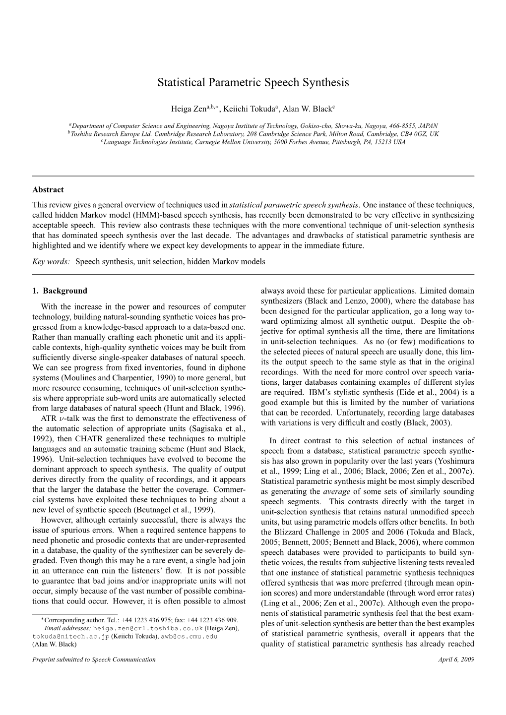 Statistical Parametric Speech Synthesis