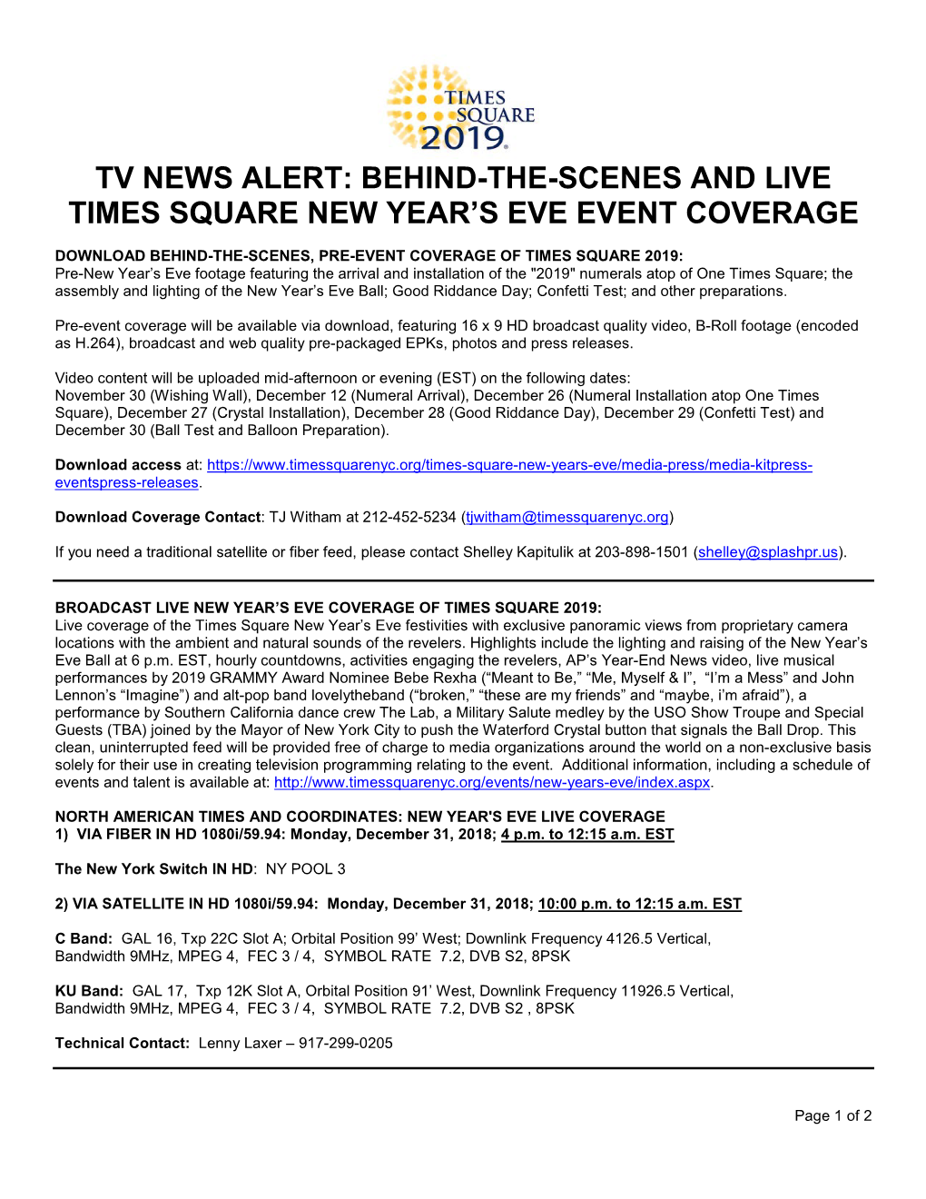 Tv News Alert: Behind-The-Scenes and Live Times Square New Year’S Eve Event Coverage