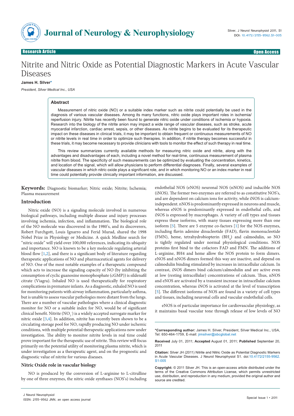 Nitrite and Nitric Oxide As Potential Diagnostic Markers in Acute Vascular Diseases James H