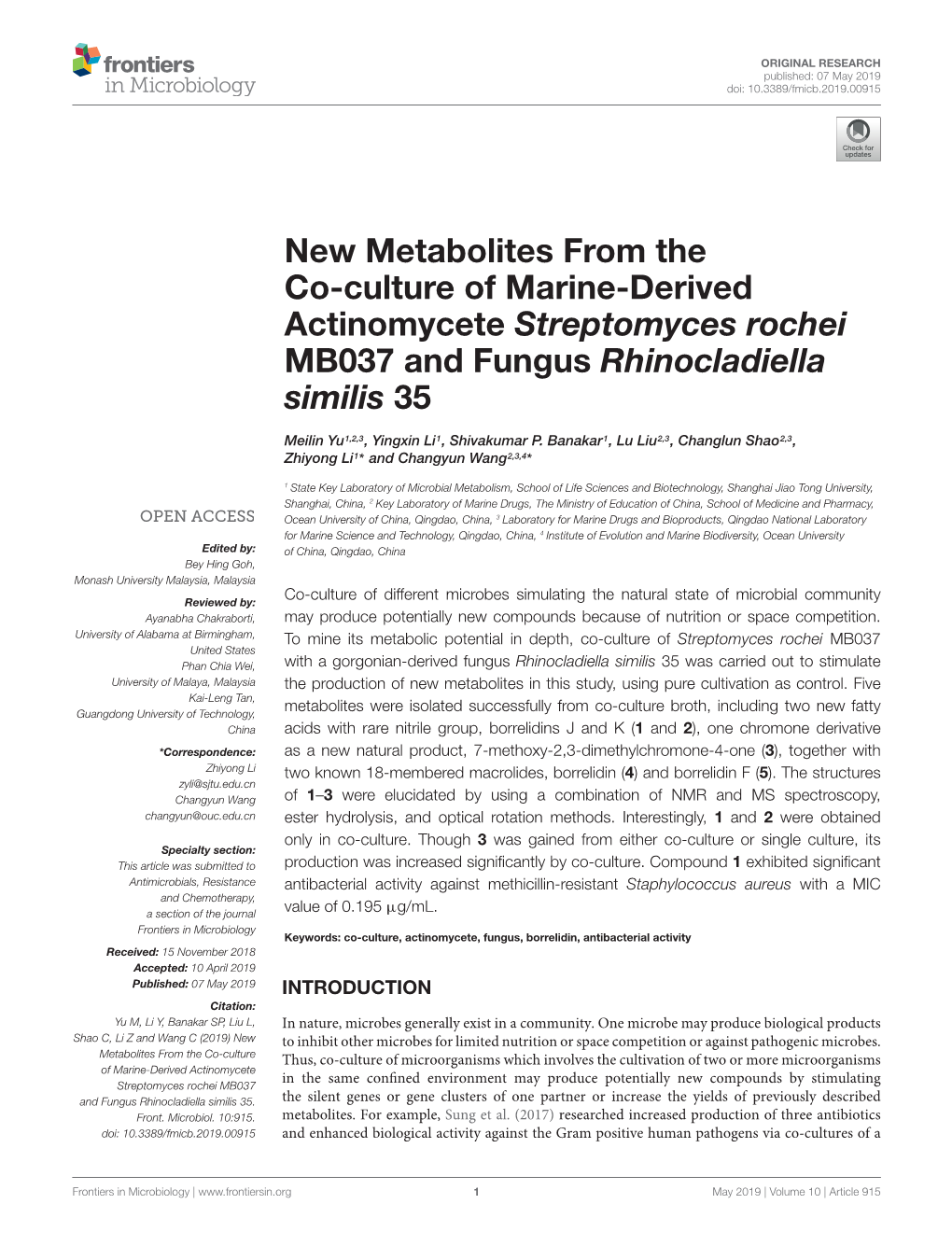 New Metabolites from the Co-Culture of Marine-Derived Actinomycete Streptomyces Rochei MB037 and Fungus Rhinocladiella Similis 35
